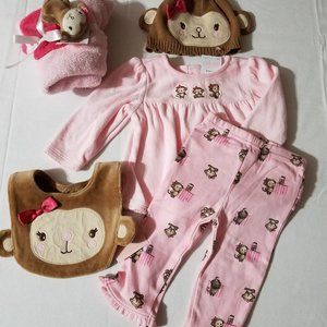 Gymboree Mischievous Monkey 6-12 Pants, shirt, bib, Pocket pal small Lovey, hat